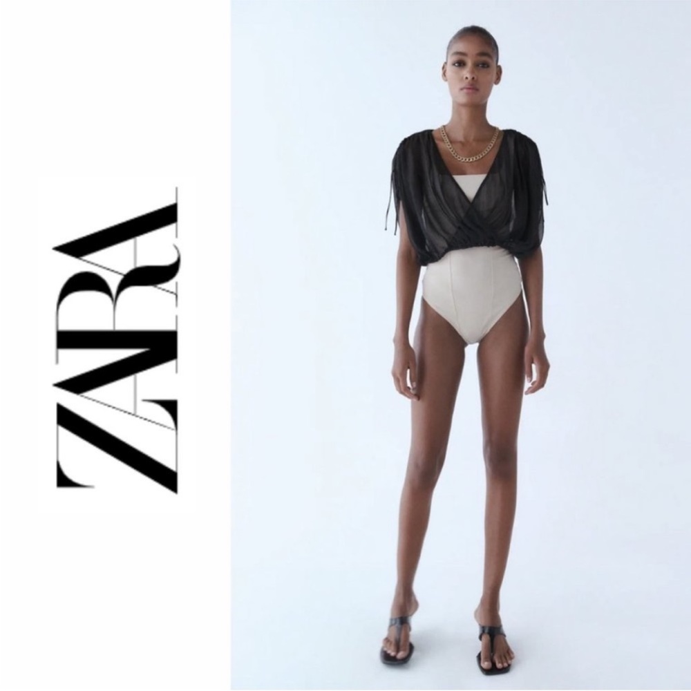 ZARA METALLIC THREAD SHEER CROP TOP in Black Gold, Size XS, NWT